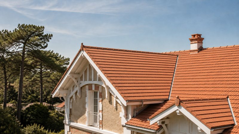Villa arcachonnaise sous les pins, toiture en tuiles et lucarne à colombages
