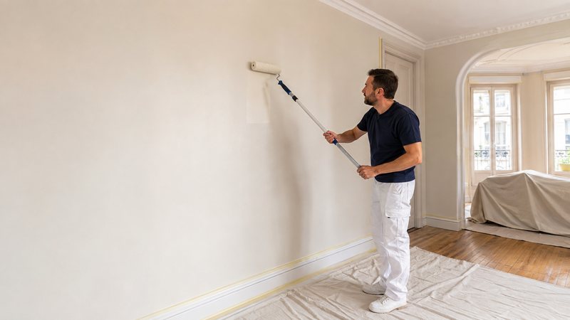 Mise en peinture d’un mur au rouleau, sol et plinthes protégés
