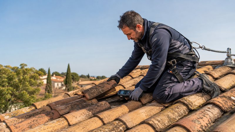Couvreur inspectant une toiture en tuiles pour localiser une infiltration
